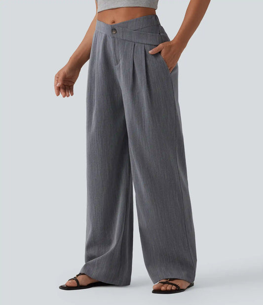 Asymmetric Mid Rise Pleated Casual Linen-Feel Baggy Pants with Pockets