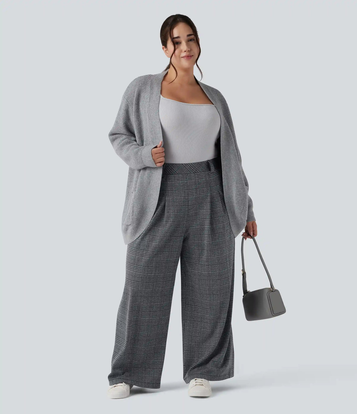 Plus Size High Waisted Wide Leg Houndstooth Plaid Casual Pants with Pockets