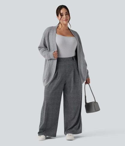 Plus Size High Waisted Wide Leg Houndstooth Plaid Casual Pants with Pockets