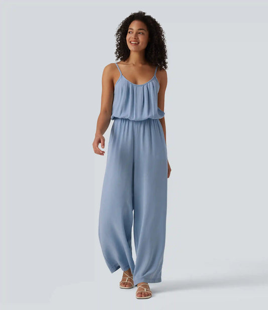 Wide Leg Denim Casual Slip Jumpsuit with Pockets