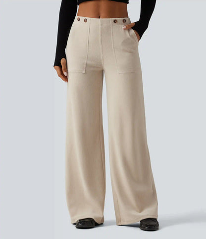 Mid Rise Wide Leg Corduroy Casual Pants with Pockets