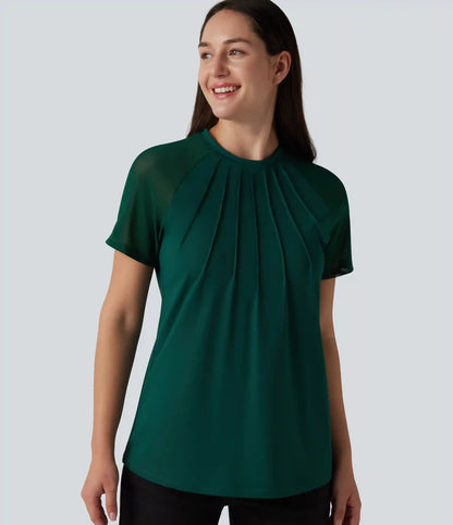 Round Neck Raglan Short Sleeve Contrast Mesh Casual Blouse