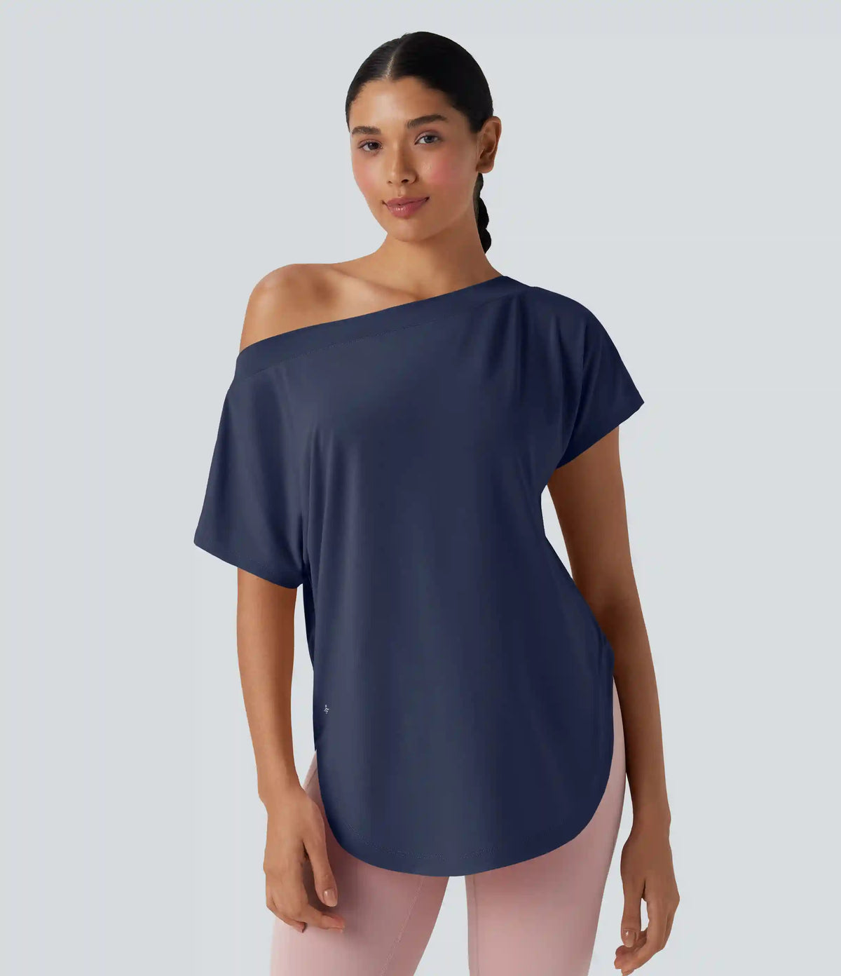 One Shoulder Short Sleeve Curved Hem High Low Quick Dry Yoga Sports Top