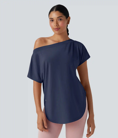 One Shoulder Short Sleeve Curved Hem High Low Quick Dry Yoga Sports Top