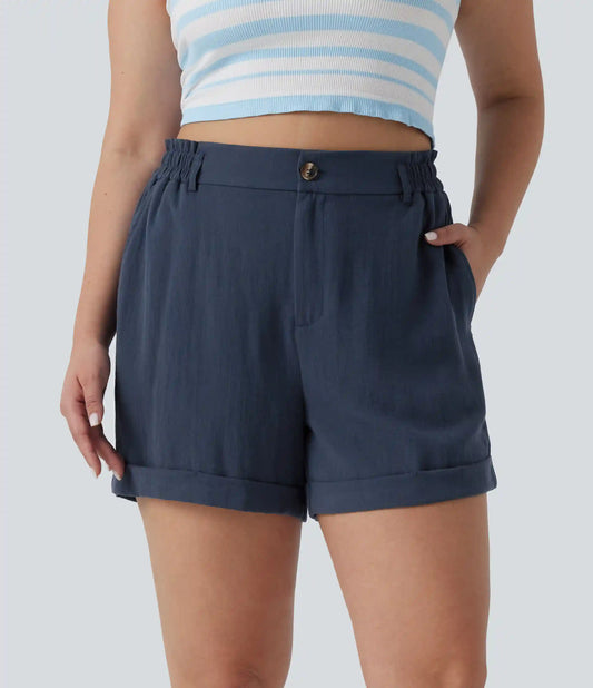 Plus Size High Waisted Rolled Hem Linen-Feel Resort Shorts 5'' with Pockets