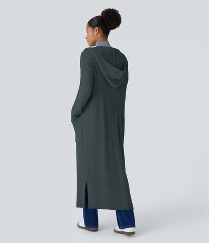 Hooded Long Sleeve Pocket Longline Casual Cardigan