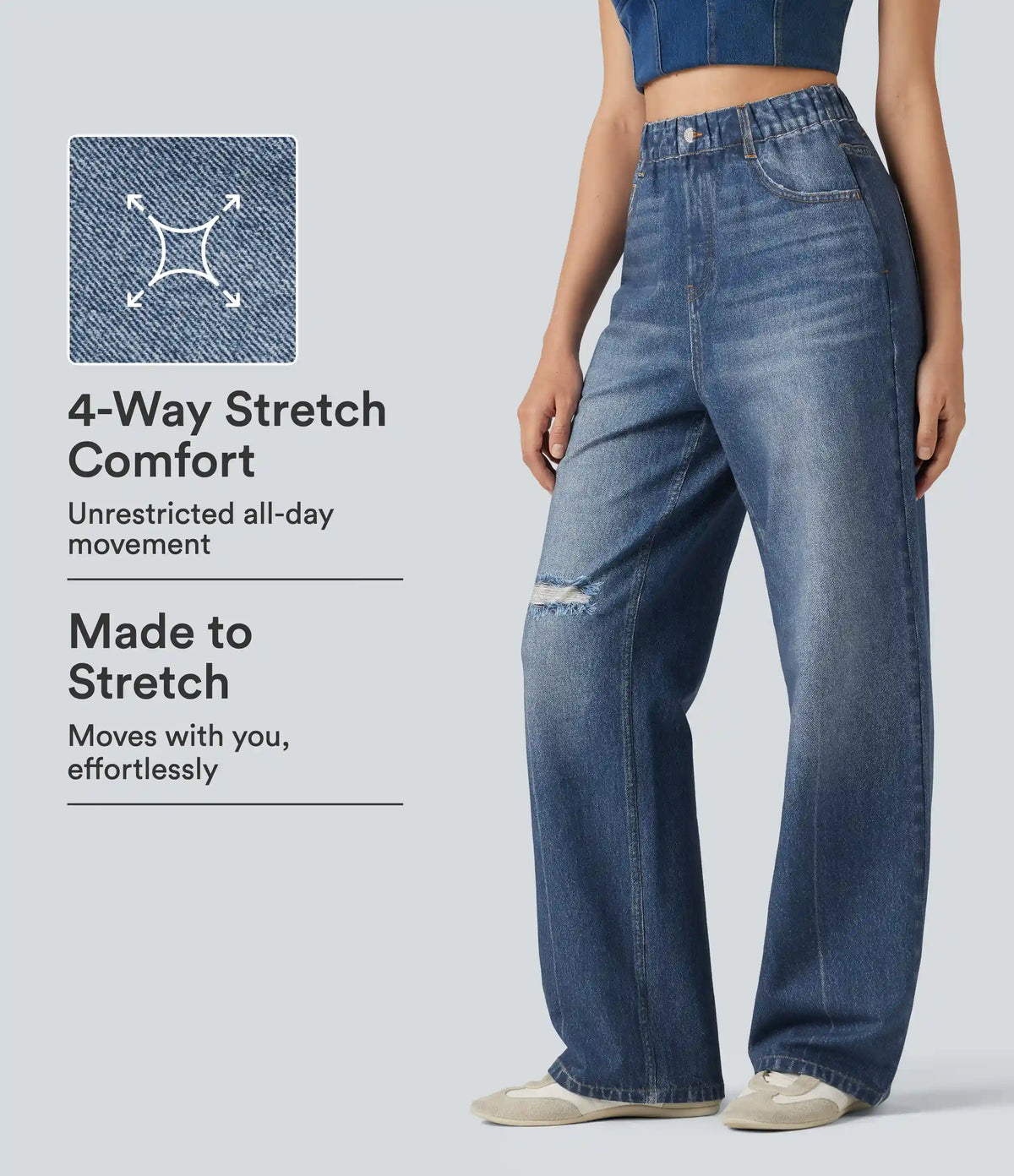 High Waisted Denim Print French Terry Casual Sweatpants Jeans with Pockets