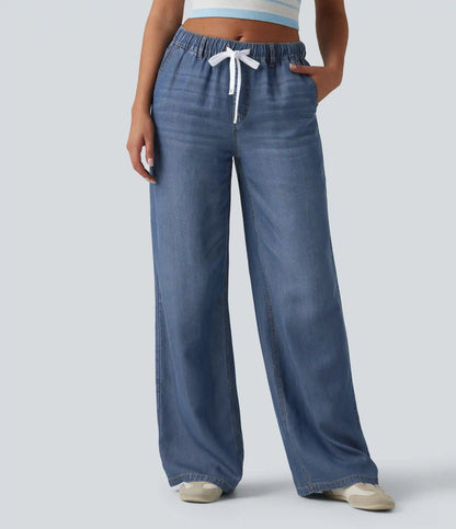 Mid Rise Drawstring Casual Jeans with Pockets
