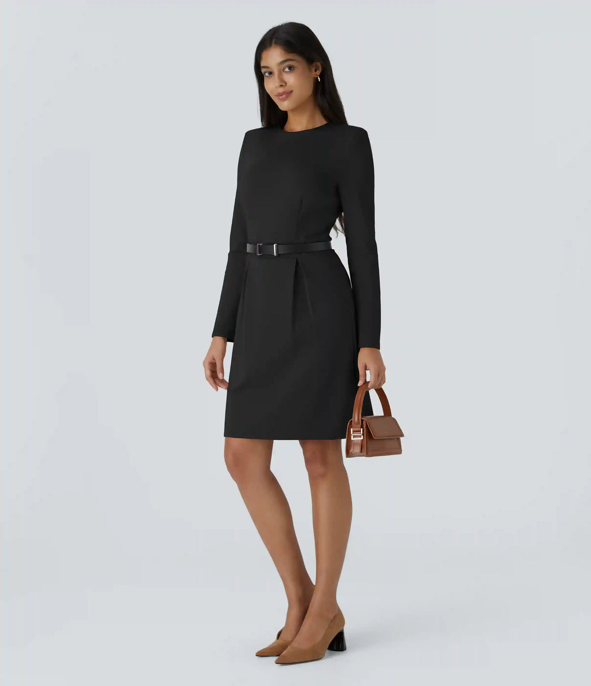 Round Neck Shoulder Pad Long Sleeve Hem Slim Mini Work Dress