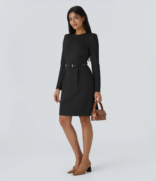 Round Neck Shoulder Pad Long Sleeve Hem Slim Mini Work Dress
