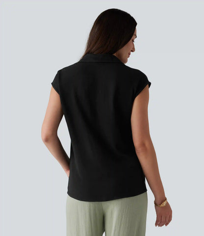 V-neck Sleeveless Split Hem Work Linen-Blend Blouse