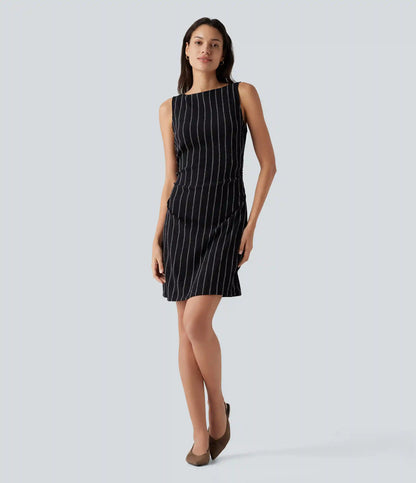 Boat Neck Sleeveless Striped Mini Casual Dress with Pockets