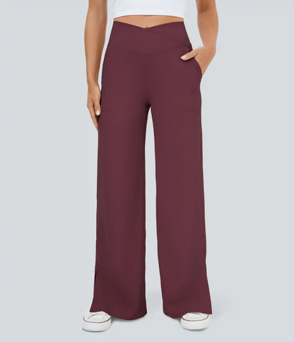 DayStretch Crossover Pocket Hem Wide Leg Yoga Pants-Smile