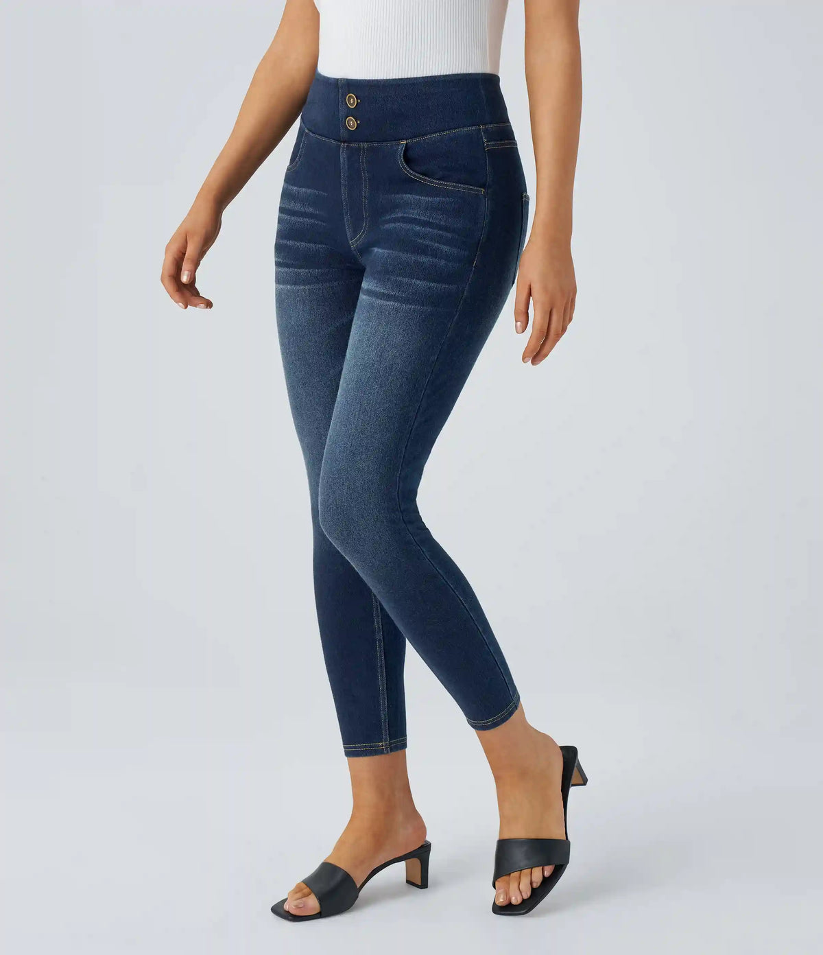 Halara Flex™ Curvy High Waisted Decorative Pockets Washed Casual 7/8 Jeans