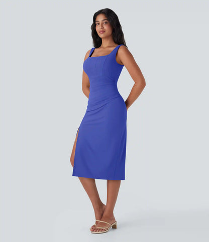 SoftlyZero™ Airy Square Neck Corset Ruched Bodycon Midi InstantCool Dress DD-F Cups