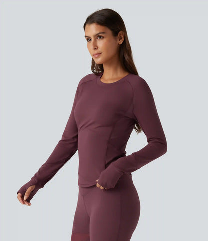 Round Neck Long Sleeve Contrast Mesh Thumb Hole Curved Hem Quick Dry Yoga Sweatshirt