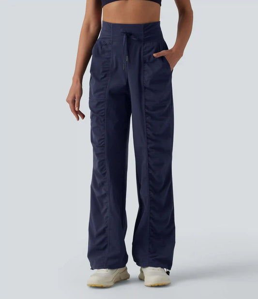High Waisted Drawstring Ruched Quick Dry Running Straight Leg Baggy Pants with Pockets