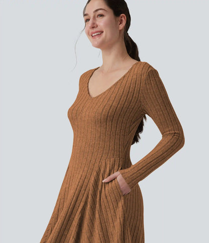 Ribbed Knit V Neck Long Sleeve Flare Midi Casual Dress with Pockets