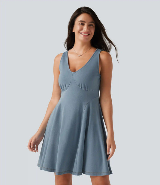Halara Flex™ Denim V-neck Sleeveless Mini Draped Lyocell Washed Casual Flare Dress