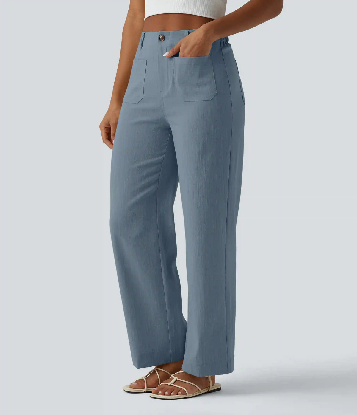 High Waisted Straight Leg Casual Linen-Feel Pants with Pockets