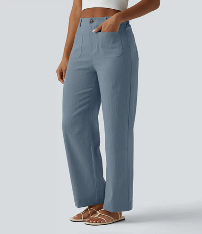 High Waisted Straight Leg Casual Linen-Feel Pants with Pockets