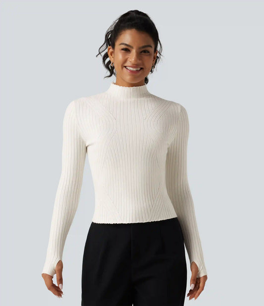 Mock Neck Long Sleeve Slim Work Sweater with Thumbholes