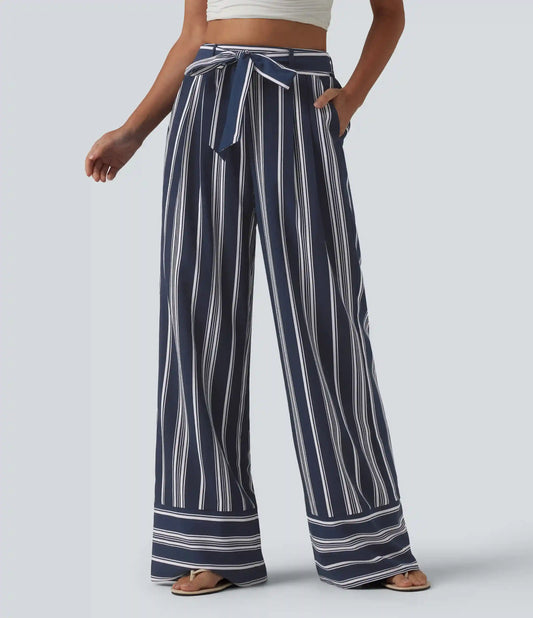 High Waisted Belted Stripes Resort Baggy Pants with Pockets