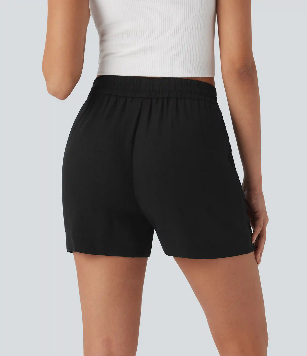 Mid Rise Drawstring Linen-Feel Work Shorts with Side Zip Pockets