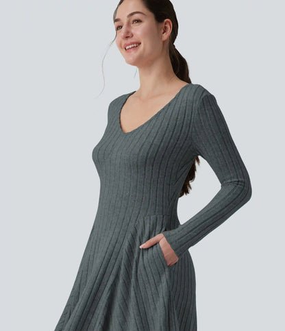 Ribbed Knit V Neck Long Sleeve Flare Midi Casual Dress with Pockets