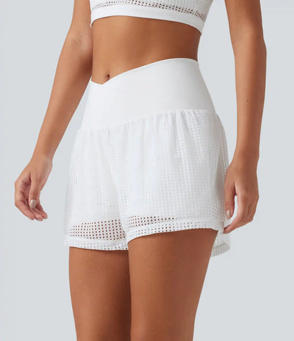 SoftlyZero™ QuickDry Crossover High Waisted 2-in-1 Eyelet Yoga Shorts 3'' with Pockets