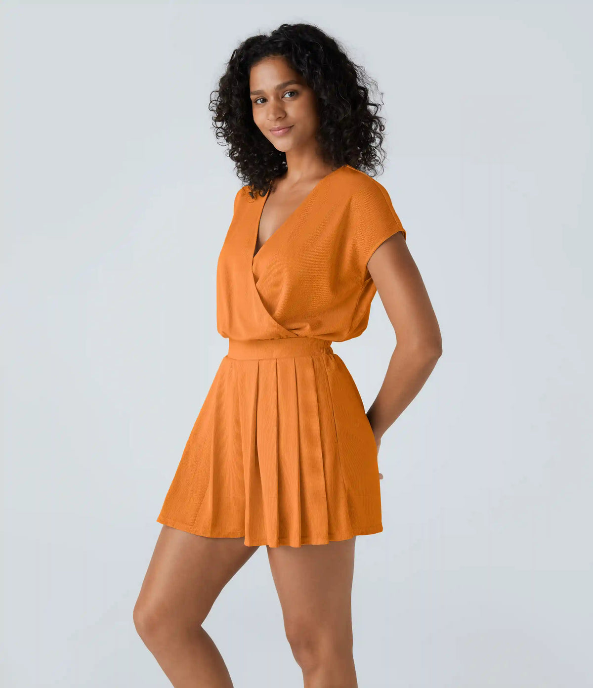 V Neck Short Sleeve Pocket Waffle Casual Romper