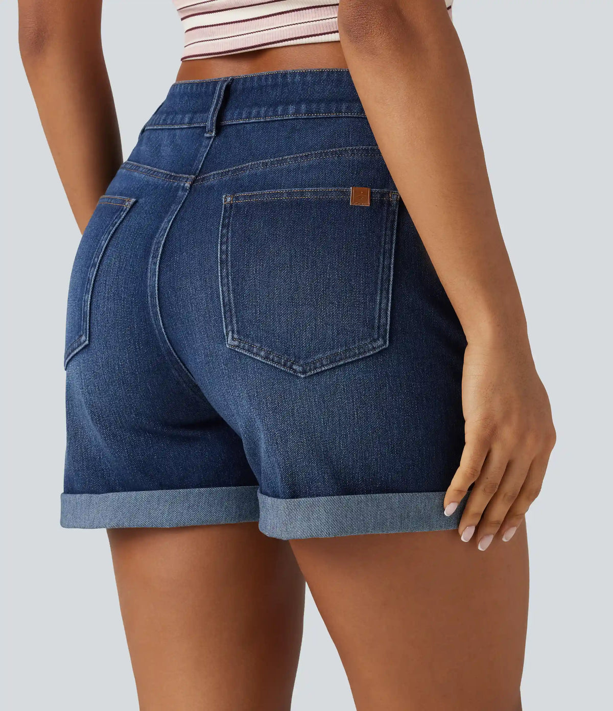 Halara Flex™ Asymmetric High Waisted Rolled Hem Washed Denim Casual Shorts with Pockets