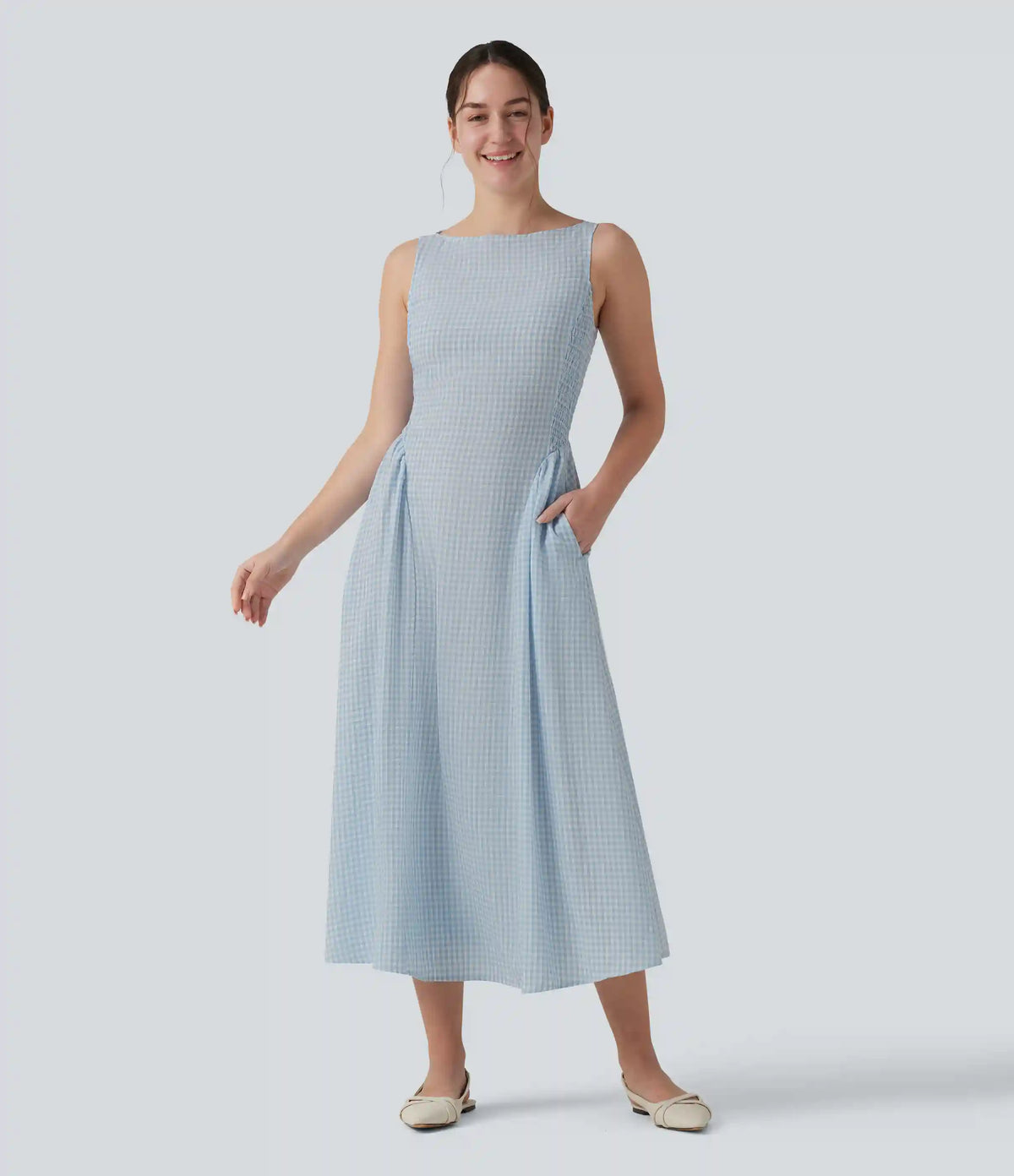 Boat Neck Sleeveless Plaid Flowy Maxi Casual Linen-Feel Dress with Pockets