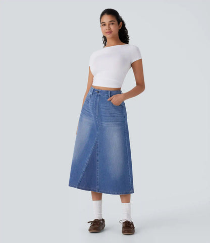 Halara Flex™ High Waisted Pockets Midi Washed Denim Casual A-Line Skirt