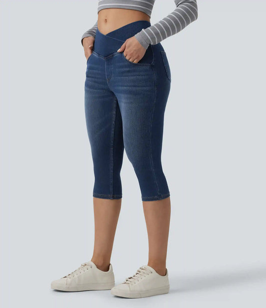 Halara Flex™ Crossover High Waisted Denim Capri Casual Leggings with Pockets
