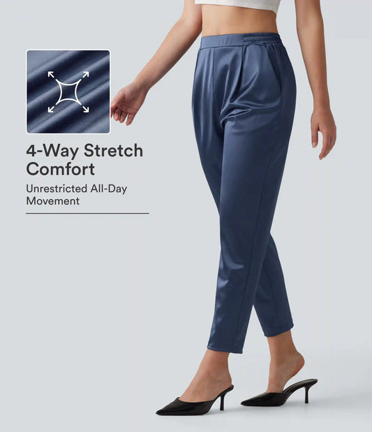 High Waisted Tapered Satin Casual Pants with Pockets
