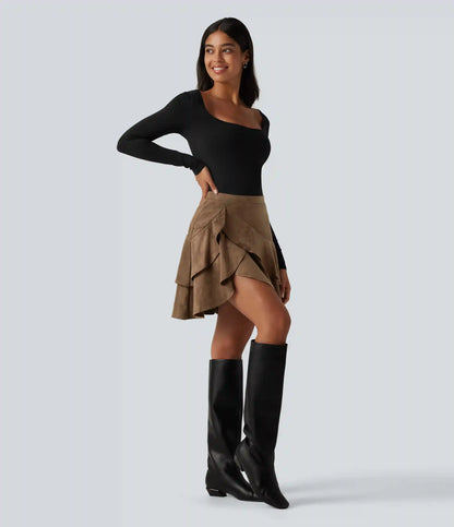 High Waisted Tiered Ruffle Hem 2-in-1 Longer Mini Suede Casual Skirt with Pocket