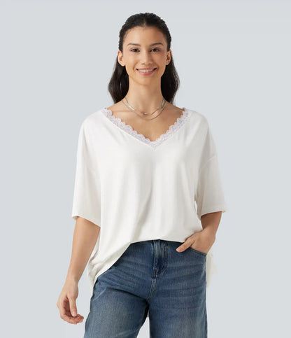 V Neck Contrast Mesh Short Sleeve Casual T-Shirt