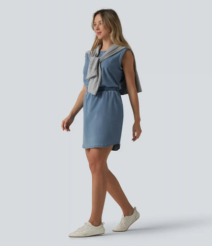 Halara Flex™ Denim Round Neck Sleeveless Curved Hem Mini Casual Dress with Pockets
