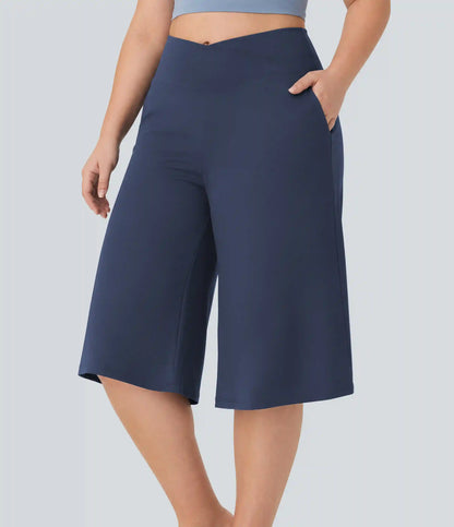 SoftlyZero™ Airy Crossover High Waisted Wide Leg InstantCool Yoga Pedal Pusher Plus Size Pants with Pockets