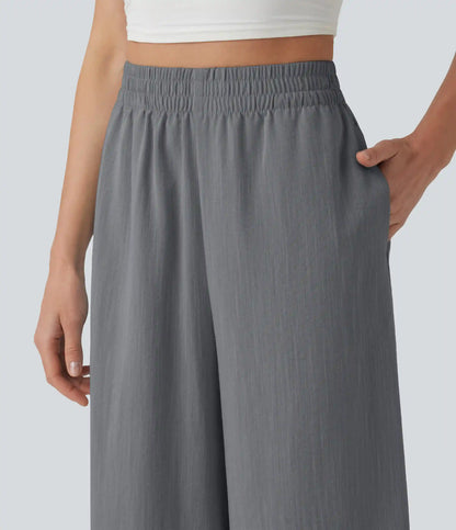 High Waisted Split Linen-Feel Casual Cropped Baggy Pants with Pockets