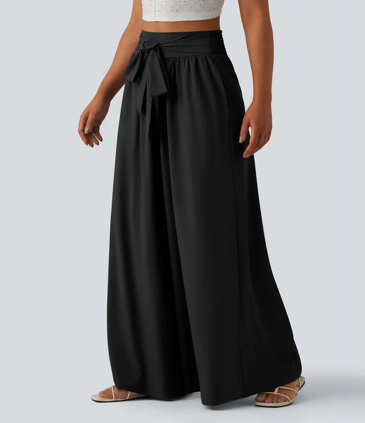 Breezeful™ High Waisted Shirred Tie Front Flowy Quick Dry Baggy Pants with Pockets
