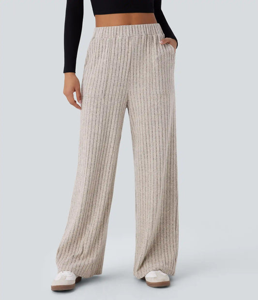 Ribbed Knit High Waisted Pockets Wide Leg Casual Pants