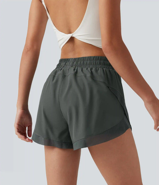 Mid Rise Drawstring Curved Hem Contrast Mesh 2-in-1 Running Shorts 3'' with Pockets