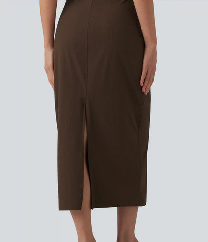 Ribbed Round Neck Sleeveless Built-in Bra Bodycon Midi Casual Dress