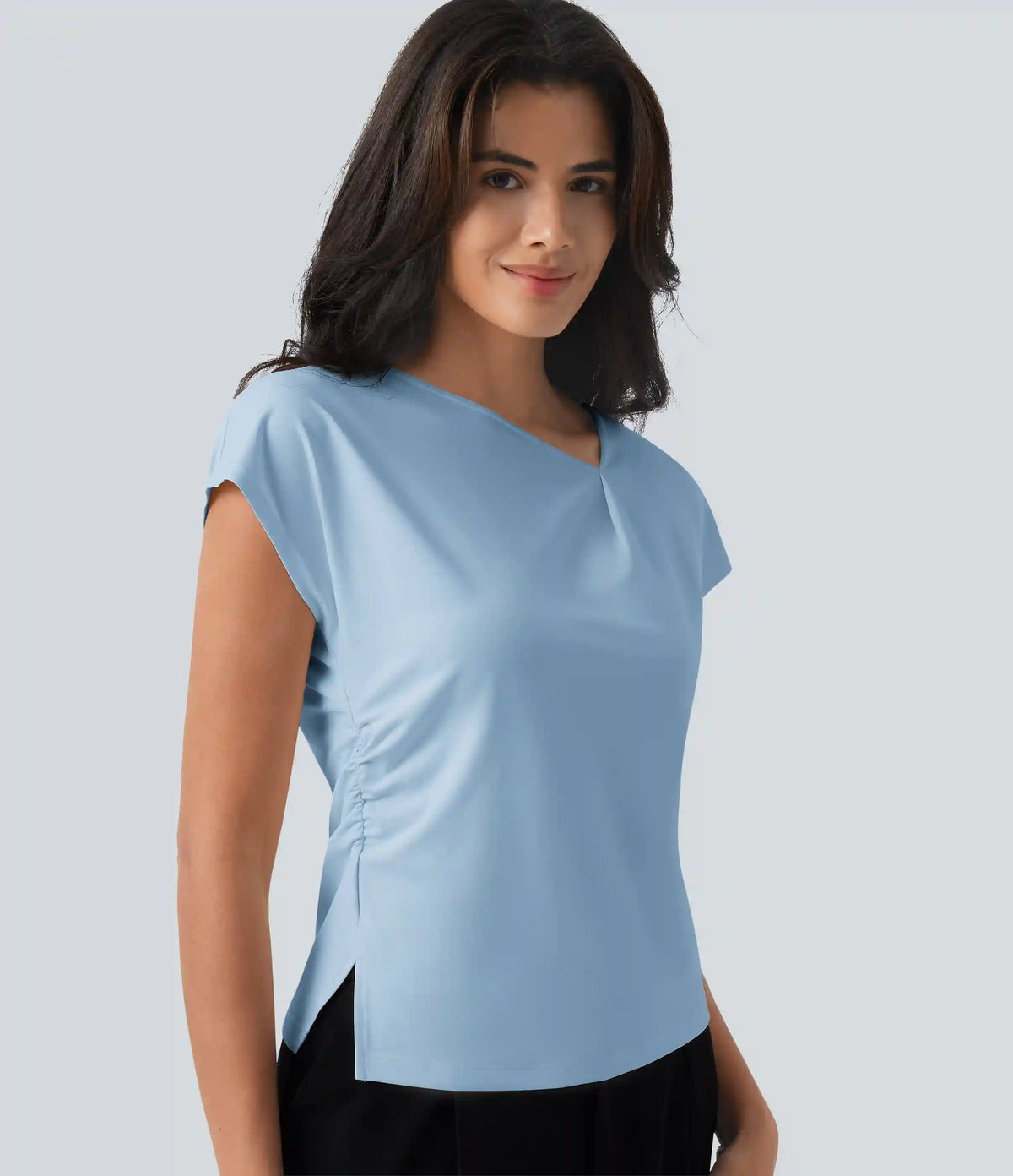 Asymmetric Cowl Neck Short Sleeve Ruched Split Hem Work Blouse