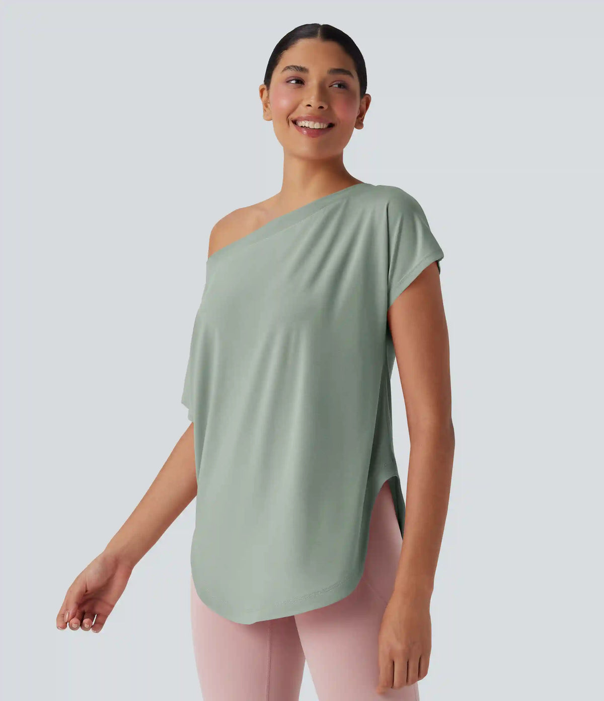 One Shoulder Short Sleeve Curved Hem High Low Quick Dry Yoga Sports Top