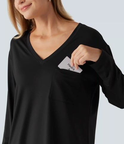 V Neck Long Sleeve Casual T-Shirt with Pocket