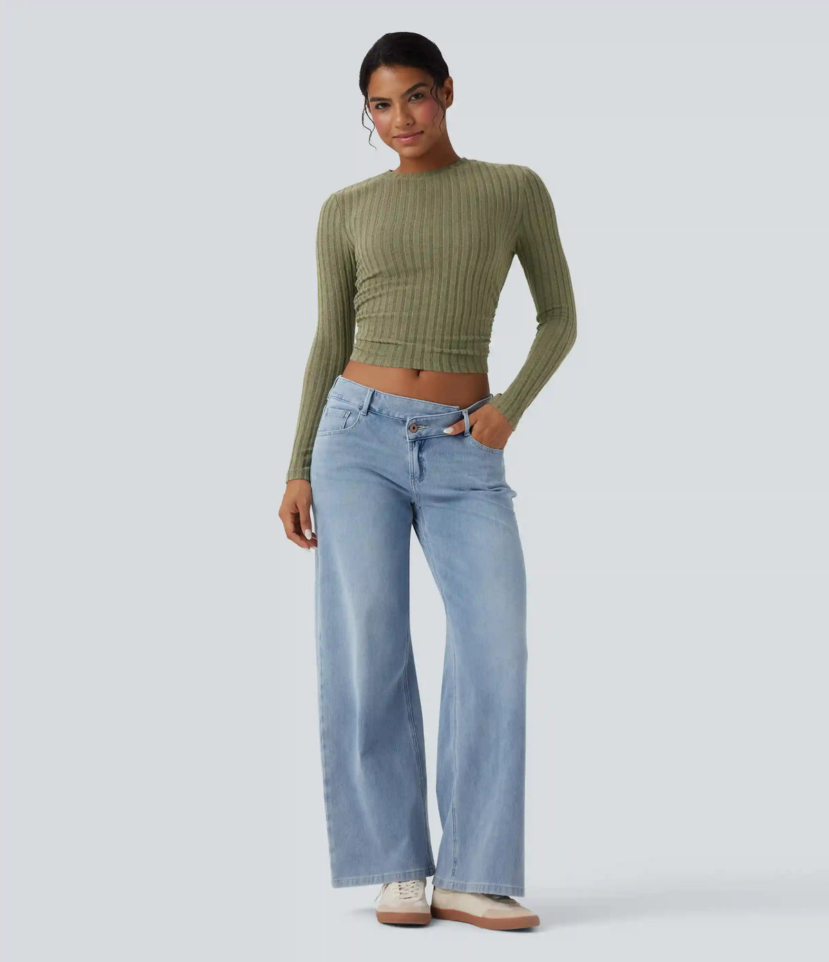 Ribbed Knit Long Sleeve Cropped Casual Top