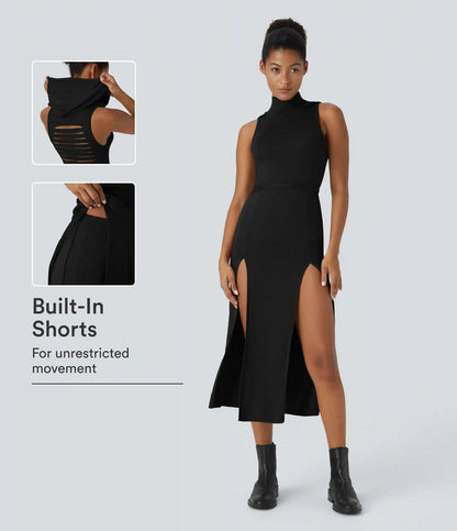 Ribbed Hooded High Neck Sleeveless Cut Out Tie Back 2-Piece Midi Casual Dress